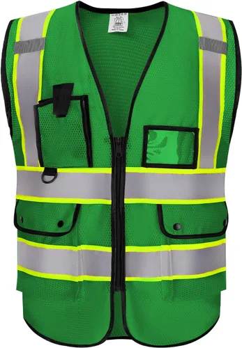 Miniatura 2 de Chaleco de seguridad con logotipo personalizado, chaleco reflectante de visibilidad estándar ANSI clase 2 a granel con bolsillos y cremallera