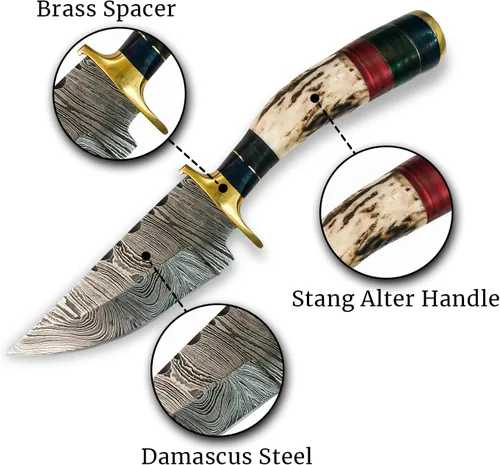 Miniatura 3 de Cuchillo de asta de ciervo de Damasco hecho a mano, cuchillo afilado de 7 pulgadas, forjado al fuego, funda de cuero, regalo para cazador, camping