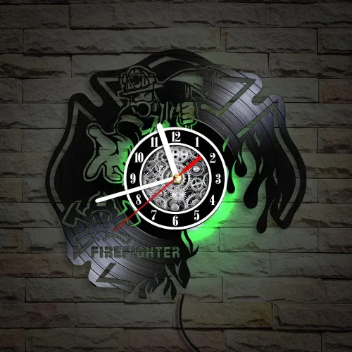 Miniatura 5 de The Geeky Days Reloj de pared LED de bombero, disco de vinilo, 7 colores, cruz maltesa quemada, 12 pulgadas, silencioso, sin tictac, casco
