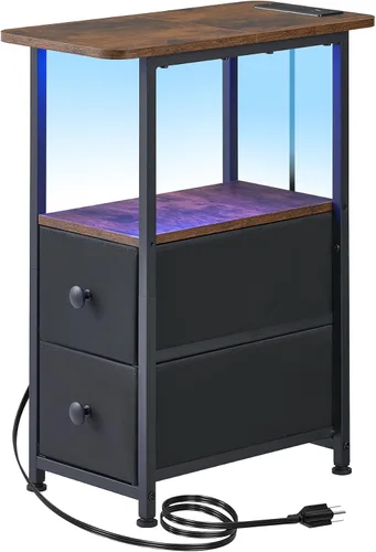 Miniatura 13 de DALEMHOME Mesa auxiliar estrecha con estación de carga, mesa auxiliar estrecha con cajón, mesita de noche pequeña con luz LED, mesita de noche Negro