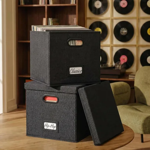 ZICOTO Juego de caja de almacenamiento de discos de vinilo decorativa para más de 100 discos individuales, resistente y fácil de transportar con