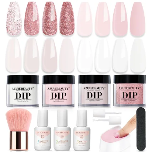 AZUREBEAUTY Kit de iniciación de uñas en polvo de inmersión, 4 colores con purpurina rosa suave, arte de uñas francés, con capa base, capa superior