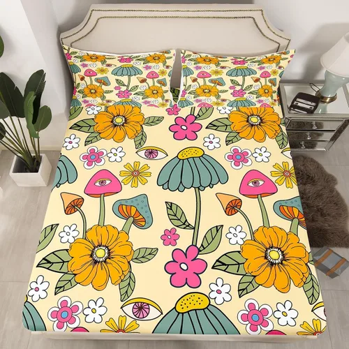 Miniatura 14 de Juego de sábanas ajustadas estilo 70s hippie retro para cama individual, juego vintage de otoño con hojas florales para niños y niños, juego de ropa