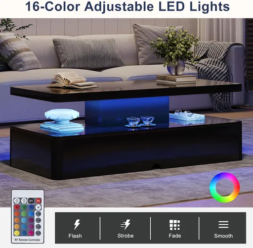 Miniatura 3 de MXV - Mesa de café moderna, mesas de café de 40 pulgadas con luces LED de 16 colores, mesa central rectangular de 2 niveles, gran espacio de 40