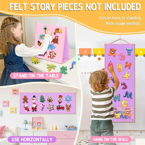 Miniatura 6 de AKAYOK Tablero de fieltro plegable – Tablero de historia de franela de doble cara para aprendizaje preescolar, narración interactiva y juego Rosa
