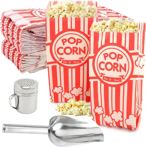 Kit de suministros para máquina de palomitas de maíz, juego de 202 piezas con 200 bolsas de palomitas de maíz de 1 oz, cuchara de acero inoxidable y