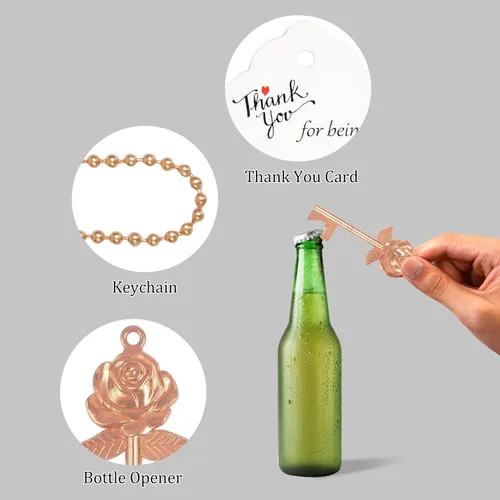 Miniatura 3 de Aokbean 100 llaves en forma de flor de rosa, regalos de boda, regalo para invitados, abridor de botellas con tarjeta y cadena para decoración Oro