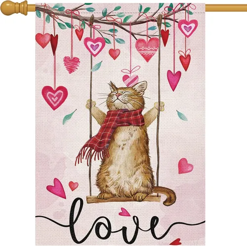 Louise Maelys Bandera de casa de 28 x 40 pulgadas, doble cara, gran arpillera de bienvenida de gato, primavera, jardín, patio, corazón de amor para