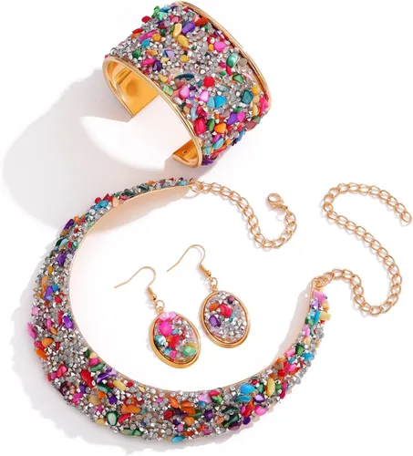 Miniatura 4 de 3 unids collar de diamantes de imitación de piedra de colores conjuntos de collar de metal dorado para mujeres babero gargantillas collares collares