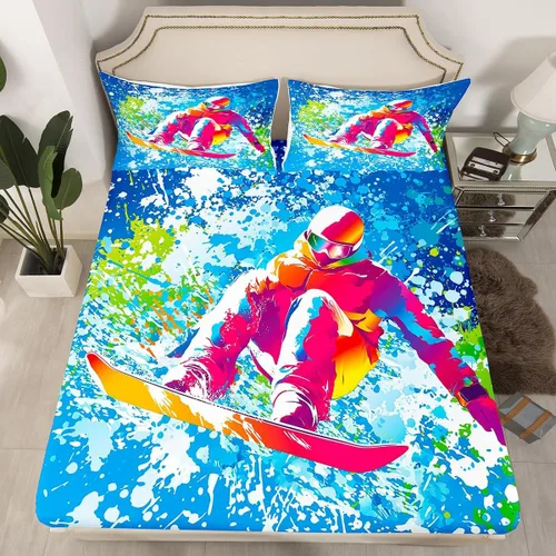 Miniatura 5 de Juego de ropa de cama de esquí, tamaño individual, con dibujos animados, esquí, esquí, snowboard, sábana bajera ajustable de 2 piezas con estampado