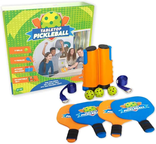 Buffalo Games Juego de pickleball de mesa, 4 paletas y 3 bolas, juego de pickleball con red para mesas de hasta 6 pies, juego de mesa interior para