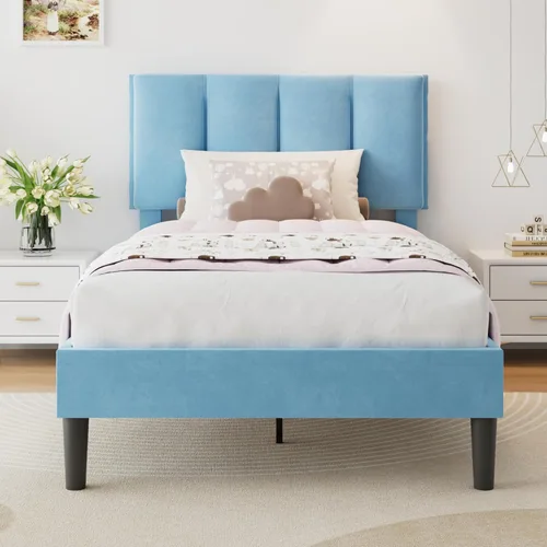 Miniatura 22 de VECELO - Base de cama tamaño individual con cabecera tapizada, plataforma con soporte de listones de madera de alta resistencia, no necesita somier