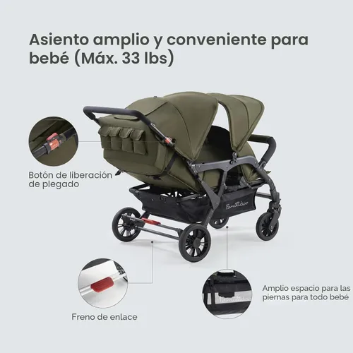 Miniatura 3 de Familidoo H4E Quad Lidoo Lite Cochecito Vagón de 4 Asientos para Niños, Ligero y Plegable con Asientos Reclinables, Arnés de 5 Puntos, Doble Toldo