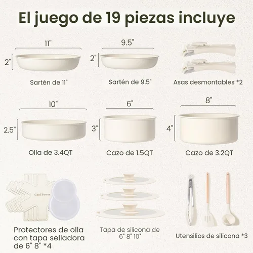 Miniatura 2 de Chef Power Juego de utensilios de cocina de cerámica no tóxicos con asas desmontables, sartenes y ollas antiadherentes saludables, juego de 19