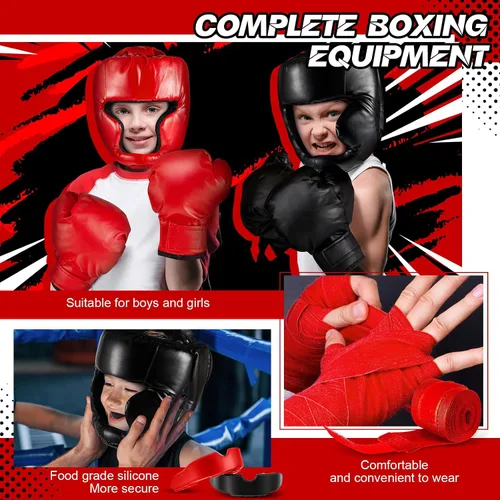 Miniatura 4 de Kanayu Juego de 12 piezas de equipo de boxeo para niños principiantes de 6 a 18 años, incluye casco de boxeo y guantes, vendas, protectores bucales