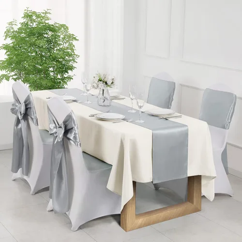 Miniatura 5 de Manyshofu 24 Piezas Caminos de Mesa de Satén Plateado – Tamaño Largo de 12 x 108 Pulgadas, Decoración de Camino de Mesa para Fiestas Brillante