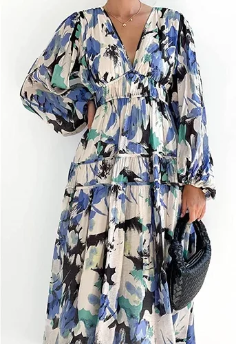 Miniatura 5 de Bowanadacles Women Floral Print Tiered Maxi Dress Puff Sleeve V Neck Smoked Dress Boho Flowy Beach Long Dresses