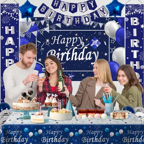 Miniatura 7 de Decoraciones de cumpleaños azules y plateadas, decoraciones de fiesta de cumpleaños para hombres, niños, mujeres y niñas, con pancarta de feliz
