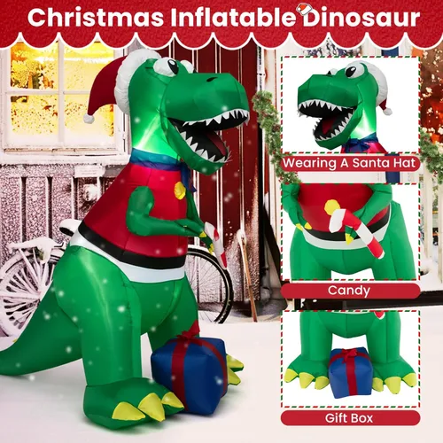 Miniatura 4 de GOFLAME Dinosaurio inflable de Navidad de 6 pies con regalo, decoración de Navidad inflable con luces LED, soplador impermeable, decoración inflable