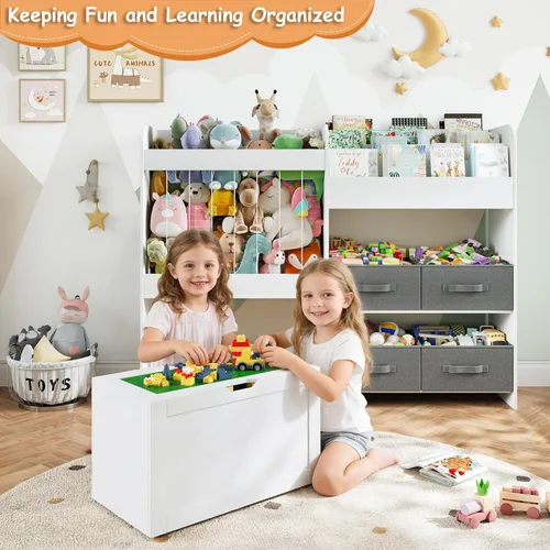 Miniatura 4 de Organizador grande de almacenamiento de juguetes de 51.1 pulgadas de ancho con almacenamiento de animales de peluche, estantería para niños con 4