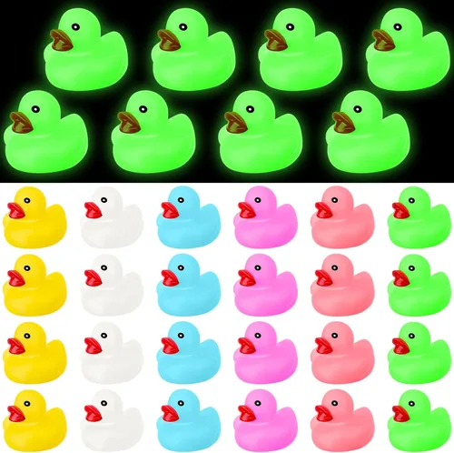24 patos de goma que brillan en la oscuridad de 2.2 pulgadas, mini pato de goma fluorescente, juguetes flotantes para tina de bebé, fiestas de