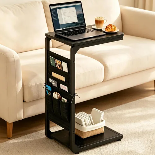 Miniatura 7 de Bandejas de TV con pedestal de madera para comer en mesas de sofá que se deslizan por debajo, mesa auxiliar en forma de C, mesa auxiliar para sofá