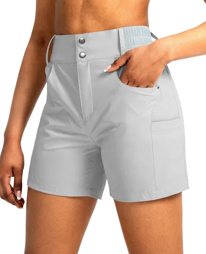 Miniatura 9 de Viodia - Pantalones cortos de senderismo de 5" para mujer, para golf con bolsillos, de cintura alta, elásticos, cargo, pantalones cortos para mujer