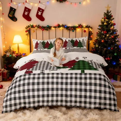 Miniatura 27 de Juego de funda de edredón para niños con diseño de Navidad, tamaño individual, camiones rojos y árboles de pino con copos de nieve, decoración