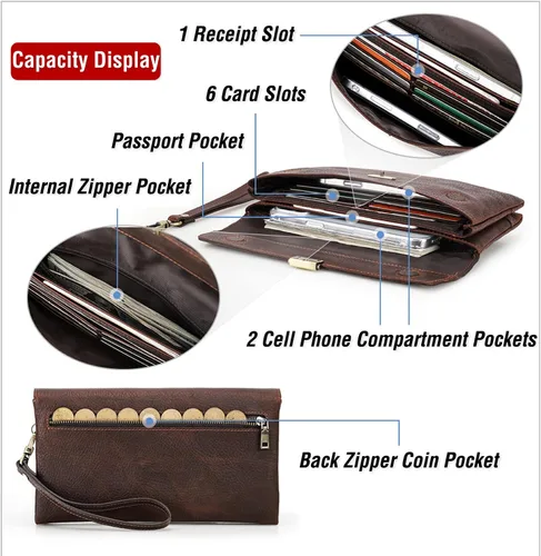 Miniatura 14 de Funda de piel de grano superior para hombre y mujer, múltiples bolsillos/ranuras, RFID de gran capacidad para tarjetas, cheques, dinero, pasaporte