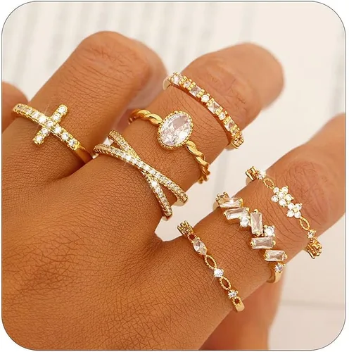 TOSMGY - Anillos de oro para mujer, no se deslustra, apilables, anillos de compromiso de boda, anillo de oro de 14 quilates para adolescentes y