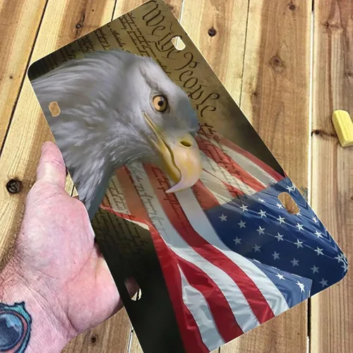 Miniatura 5 de Placa de matrícula delantera de aluminio con bandera estadounidense de águila calva, placas de matrícula decorativas, divertida placa de metal