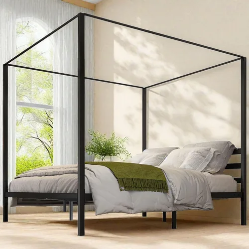 YITAHOME Marco de cama de metal con dosel de cuatro pósteres, plataforma de cama de 14 pulgadas con cabecera incorporada, soporte de colchón de