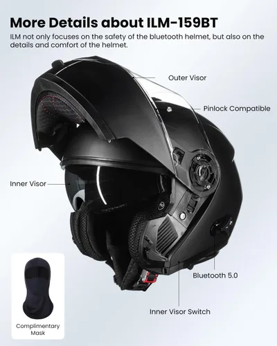 Miniatura 6 de ILM 159BT - Casco modular de motocicleta Bluetooth para 2-3 conductores, intercomunicador, casco abatible de cara completa, DOT con máscara facial