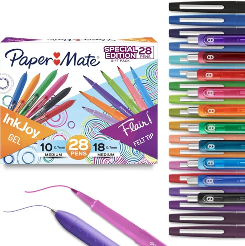 Paper Mate Paquete Variado de Bolígrafos, Bolígrafos de Gel Retráctiles InkJoy, Punta de Fieltro Flair, 28 Unidades - Colores Surtidos, Escritura