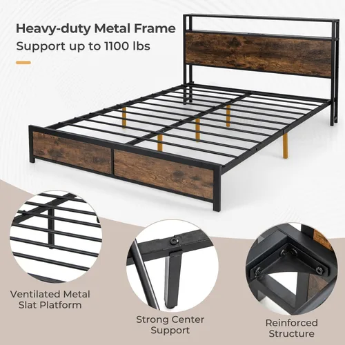 Miniatura 5 de Giantex Base de cama Queen con cabecero de luces LED y 4 cajones de almacenamiento, plataforma de metal con enchufes y puertos USB, estación