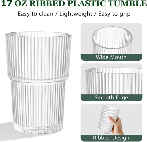 Miniatura 6 de REALWAY - Vasos de plástico acanalados de 17 onzas, vasos acrílicos irrompibles para beber, transparentes, reutilizables, aptos para lavavajillas