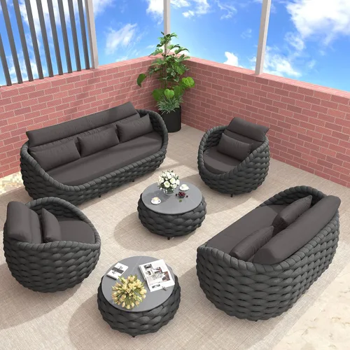 Miniatura 29 de TWT 3-Piece Woven Rope Patio Furniture Set, 2 Outdoor Armchairs with Soft Cushions + Round Aluminum Coffee Table, All-Weather Conversation Set for