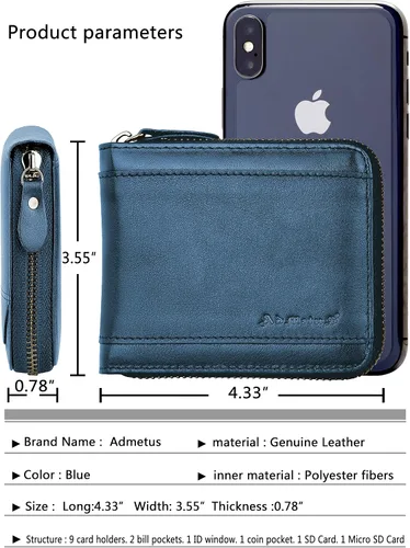 Miniatura 28 de Admetus Billeteras con bloqueo RFID para hombre, billetera de cuero con cremallera para hombres con tarjetero RFID plegable