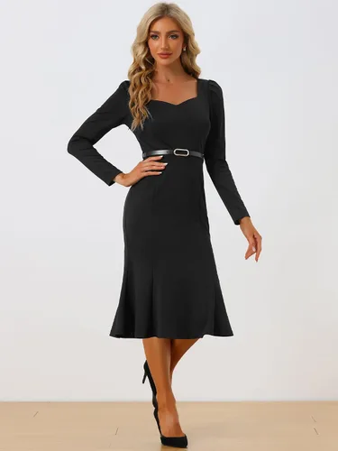 Miniatura 4 de Allegra K Vestidos de trabajo con cola de pez para mujer, elegante, cuello corazón, cinturón, ajustado, con dobladillo de sirena, vestido de cóctel