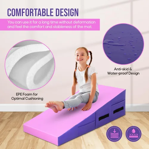 Miniatura 5 de Colchoneta de gimnasia inclinada, esterilla de yoga para gimnasio en casa, alfombrilla de ejercicio plegable con superficie de poliuretano Rosado