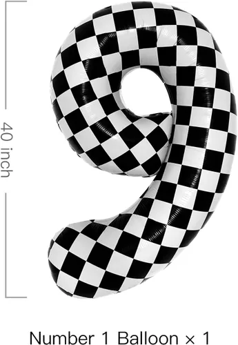 Miniatura 2 de Globo grande de 40 pulgadas a cuadros número 9 en negro y blanco para suministros de fiesta de cumpleaños de carretas de autos número 9 Globo a