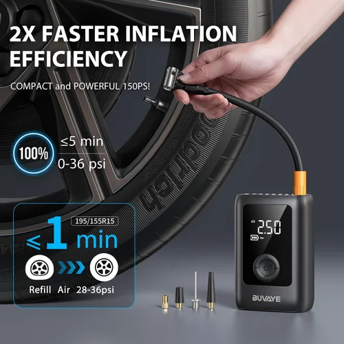 Miniatura 3 de BUVAYE Inflador de neumáticos, compresor de aire portátil, bomba de aire portátil de 150 PSI, bomba de aire inalámbrica de 12 V CC con indicador