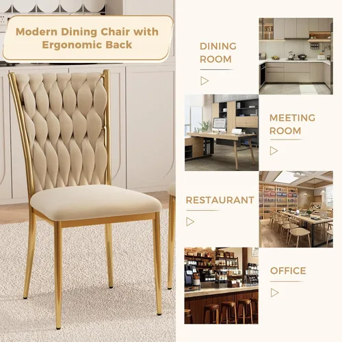Miniatura 8 de Juego de 2 sillas de comedor de terciopelo, modernas sillas de cocina tejidas con patas de metal dorado, cojín tapizado con respaldo alto