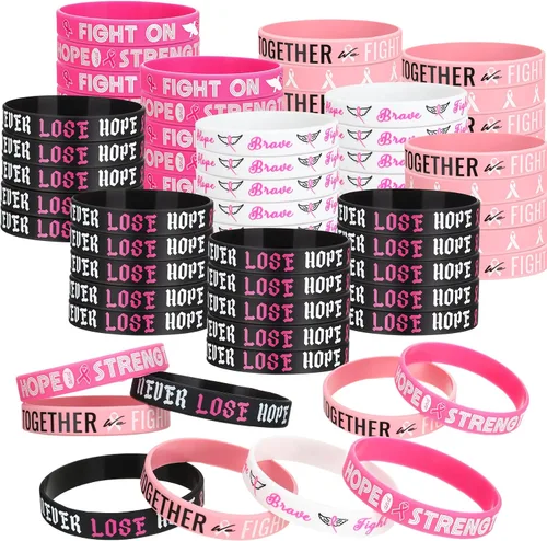 Minatee 100 pulseras de concientización sobre el cáncer de mama, pulseras de silicona con cinta rosa con esperanza, fe, fuerza, coraje, apoyo para