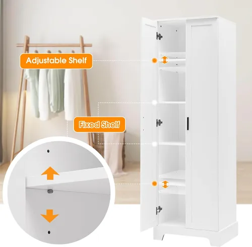 Miniatura 5 de Armario de almacenamiento/despensa, almacenamiento alto de madera con dos puertas con estantes ajustables, armario de despensa de cocina Blanco