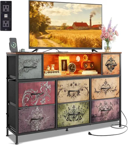 Miniatura 17 de WLIVE - Soporte de TV con cómoda en negro para TV de 45, 50, 55 pulgadas, centro de entretenimiento con luces LED y estación de carga, cómoda con 8