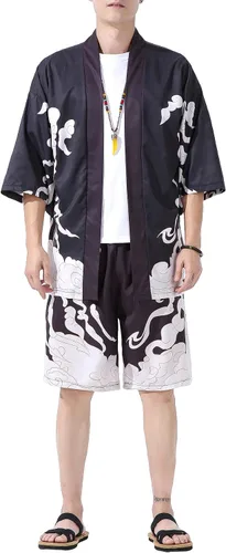 PRIJOUHE Conjunto de kimono de estilo japonés para hombre, ligero, casual, con siete mangas, frente abierto, cárdigan y pantalones cortos