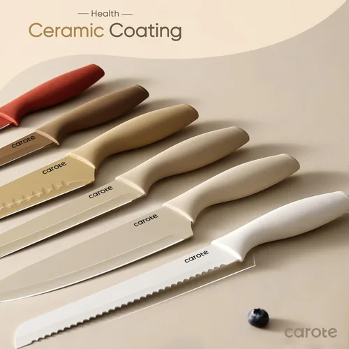 Miniatura 5 de CAROTE - Juego de cuchillos de cocina de 12 piezas, de acero inoxidable con revestimiento antiadherente cerámico, apto para lavavajillas con 6