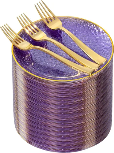 Miniatura 11 de DaYammi 240 platos de plástico negro que incluyen 120 platos de postre negros y 120 tenedores dorados, plato de fiesta martillado, platos