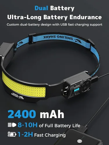Miniatura 5 de Smiling Shark Linterna frontal TS-4, foco doble con luz de inundación 4X y linterna de cabeza LED estroboscópica recargable 2400mAh de larga